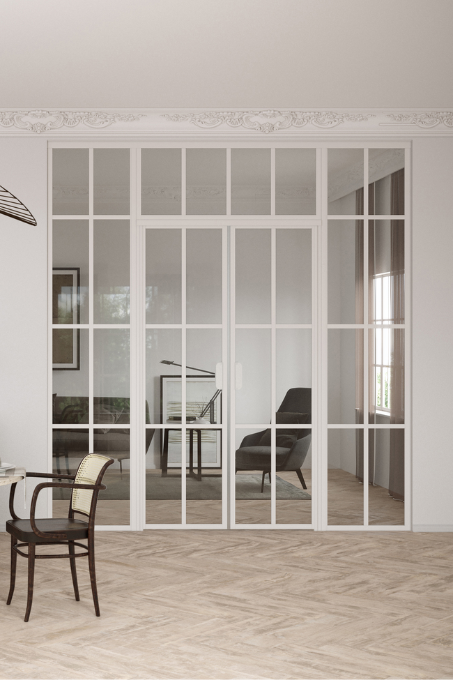 Glass wall with fixed panels on hinge and handle side, a double door and upper window Bläk 729 Paris