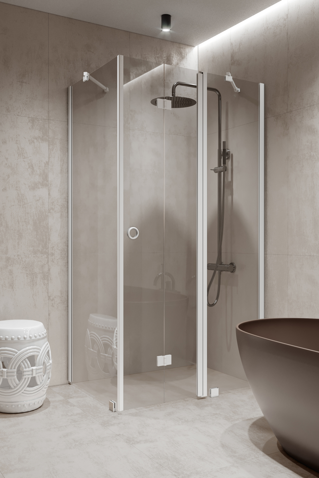 Shower enclosure with a fixed wall and a folding door with a fixed part Forma 371