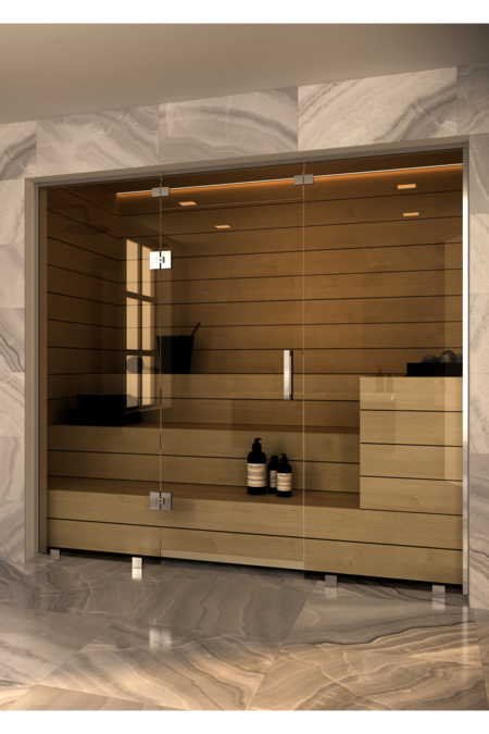 Bastu glasvägg med handtagssidans och gångjärnssidans sidopaneler och fönster ovanför dörr Vetro S48