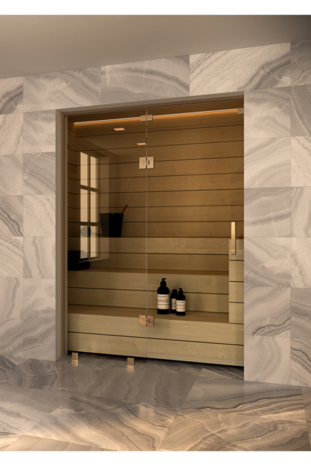 Sauna glass wall with fixed panel on hinge side and window above door Vetro S53