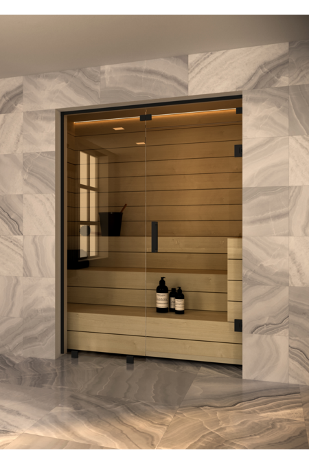 Sauna glass wall with fixed panel on handle side and window above door Vetro S56